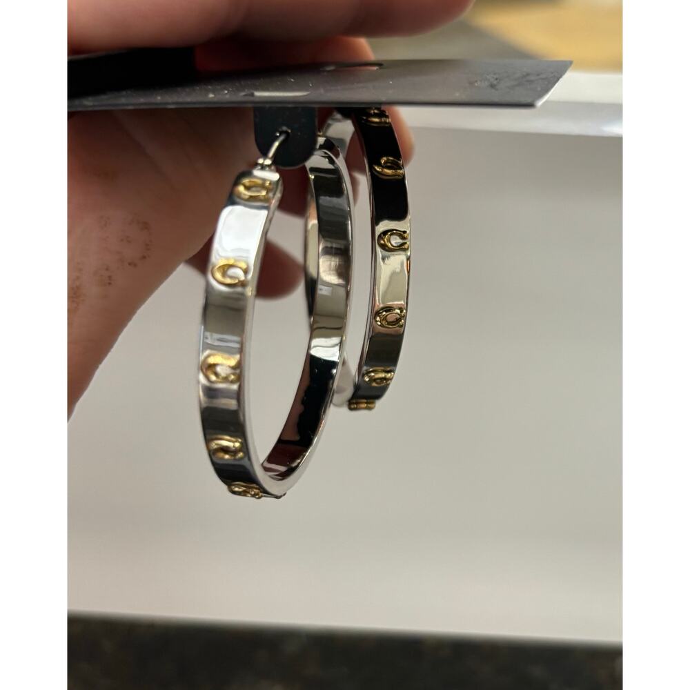 Coach Signature Logo Two-Tone Hoop Earrings – Silver & Gold C Motif - Picture 2 of 5